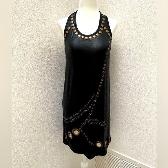 Rare Y2K Caribbean Queen Black and Gold Grommets and Studs Dress - Picture 2 of 14
